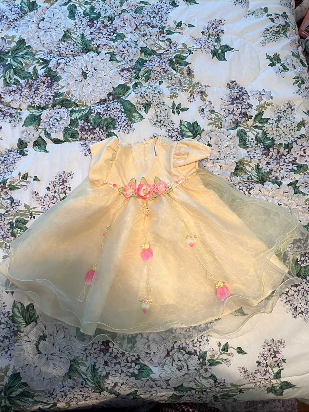 Rare Too!Yellow with  Pink Flowers Floral A-Line Knit Baby Dress 12m